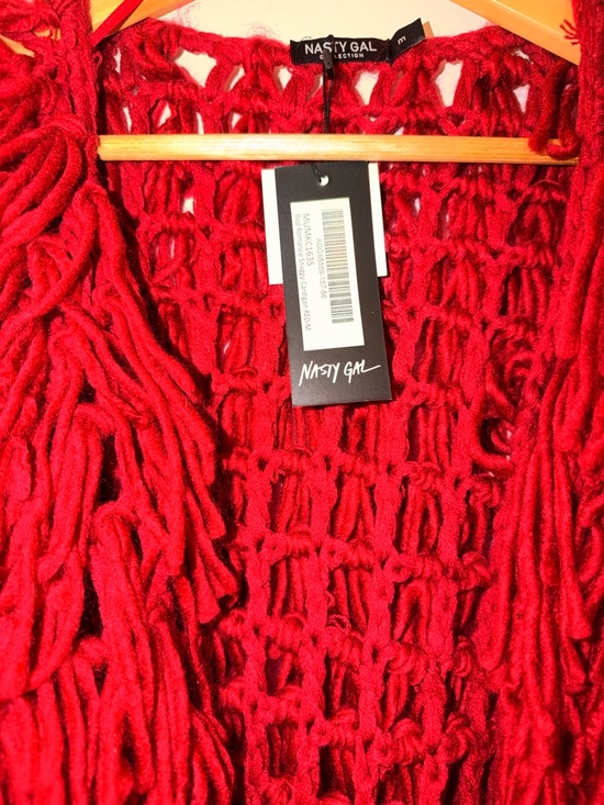 Nasty Gal Red Shaggy Open Knit Fringe Jacket - Picture 3 of 6